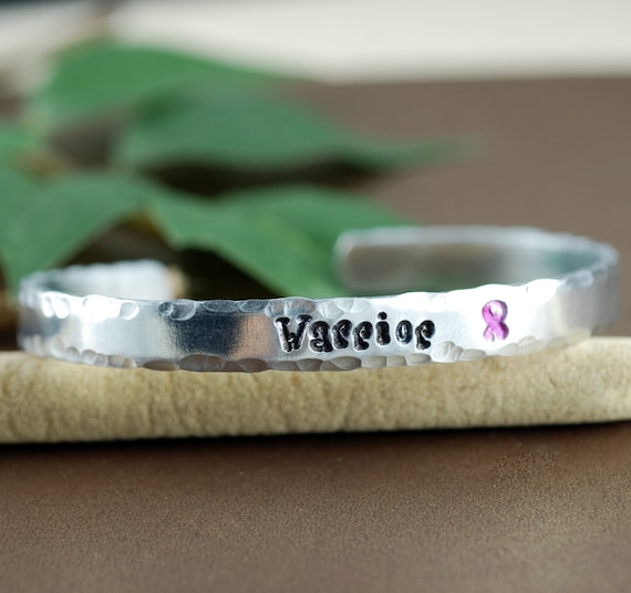 Cuff Bracelet, WARRIOR, Personalized Bracelets, Cancer Awareness, Inspirational Jewelry, Custom Bangle Bracelets, Breast Cancer Awareness