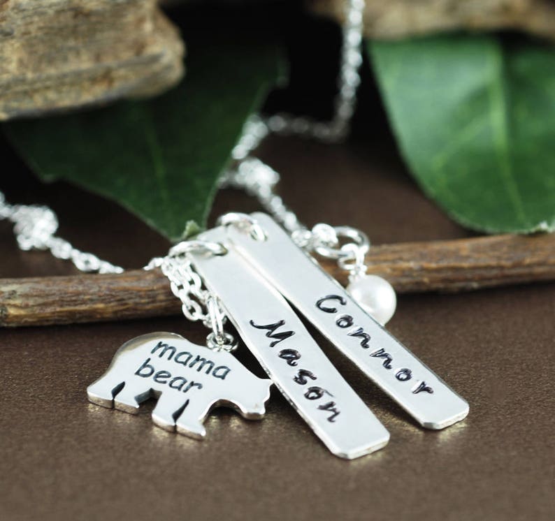 Mama Bear Name Necklace Mother Daughter Necklace Hand Stamped Mom Necklace Kids Names Bear Jewelry Gift for Mom Mothers Day Gift
