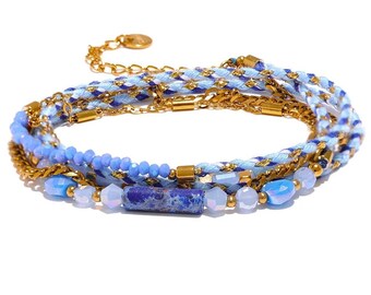 Blue Wrap Bracelet, Blue Crystal Pearl Bracelet, Braided Beaded Necklace, Crystal Stones Bracelet, Leather Wrap Bracelet with Beads