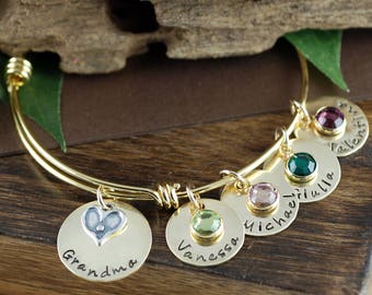 Personalized Grandma Bracelet, Gold Heart Bangle, Personalized Bangle Bracelet, Charm Bracelet, Birthstone Bangle, Gift for Grandma, Nana