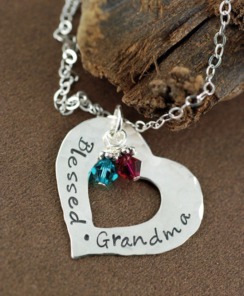 Grandmother Necklace Gift for Grandma Grandma Jewelry Hand Stamped Jewelry Blessed Grandma Personalized Silver Heart Necklace