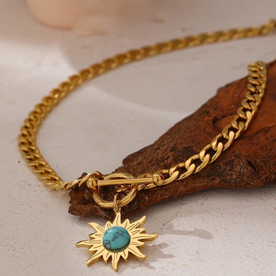 Sun Pendant Necklace, Turquoise Sun Necklace, T-Bar Necklace, Jewelry For Women, Gold Necklace with Sun, Turquoise Pendant Necklace