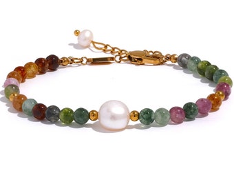 Natural Tourmaline Bracelet, Pearl Bracelet, Genuine Pearl, Ombre Bracelet, Dainty Bracelet, Colorful Gemstone Bracelet, October Bracelet