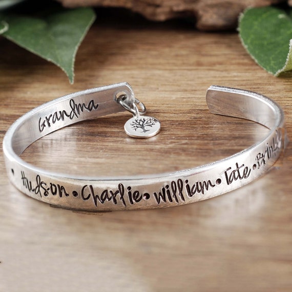 Silver Cuff Bracelet, Stamped Silver Bracelet, Name Bracelet, Childrens Names, Gift Grandma Bracelet, Cuff Grandma Gift  Custom Mother Gift