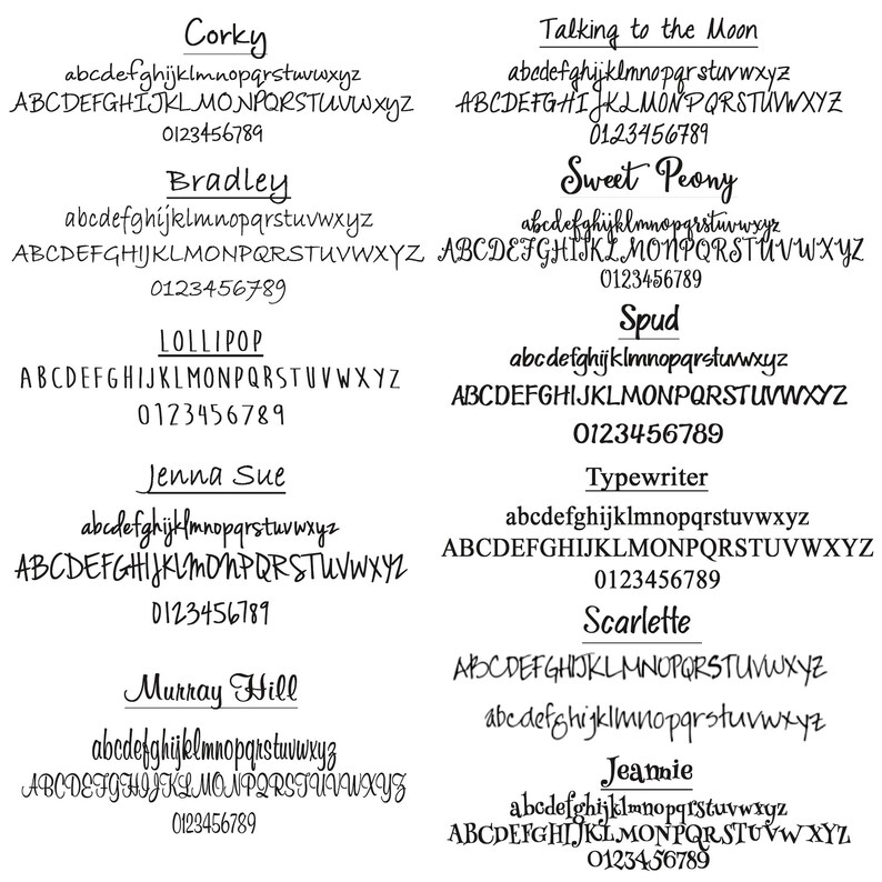 Puede incluir: Una imagen digital que muestra diez estilos de fuente diferentes con los nombres "Corky", "Bradley", "Lollipop", "Jenna Sue", "Murray Hill", "Talking to the Moon", "Sweet Peony", "Spud", "Typewriter" y "Scarlette" escritos en cada estilo de fuente. La imagen tambi&eacute;n incluye el alfabeto en min&uacute;sculas y may&uacute;sculas, y los n&uacute;meros del 0 al 9 para cada estilo de fuente.