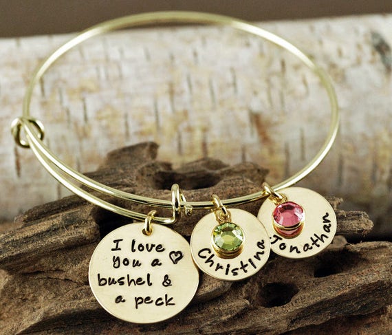 Personalized Bangle Bracelet, I love you a bushel and a peck Jewelry - Gold Bangle Charm Bracelet - Name Bracelet