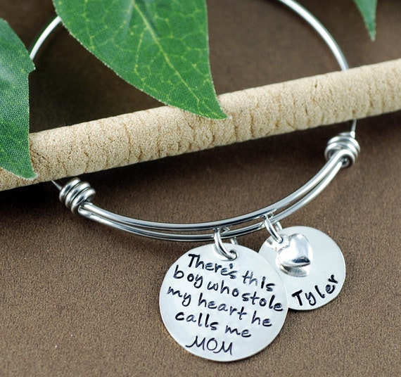 There's this boy who stole my heart Bracelet, Jewelry for Mom, Personalized Bangle Bracelet, Silver Bangle Charm Bracelet, Name Bracelet