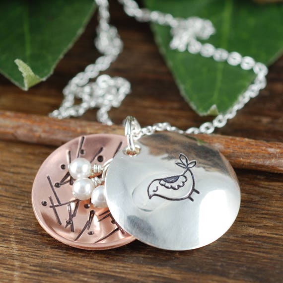 Mama Bird Necklace, Hand Stamped Mothers Necklace, Personalized Sterling Silver Jewelry, Copper, Nest Egg Necklace ( 3 or 4 EGGS)