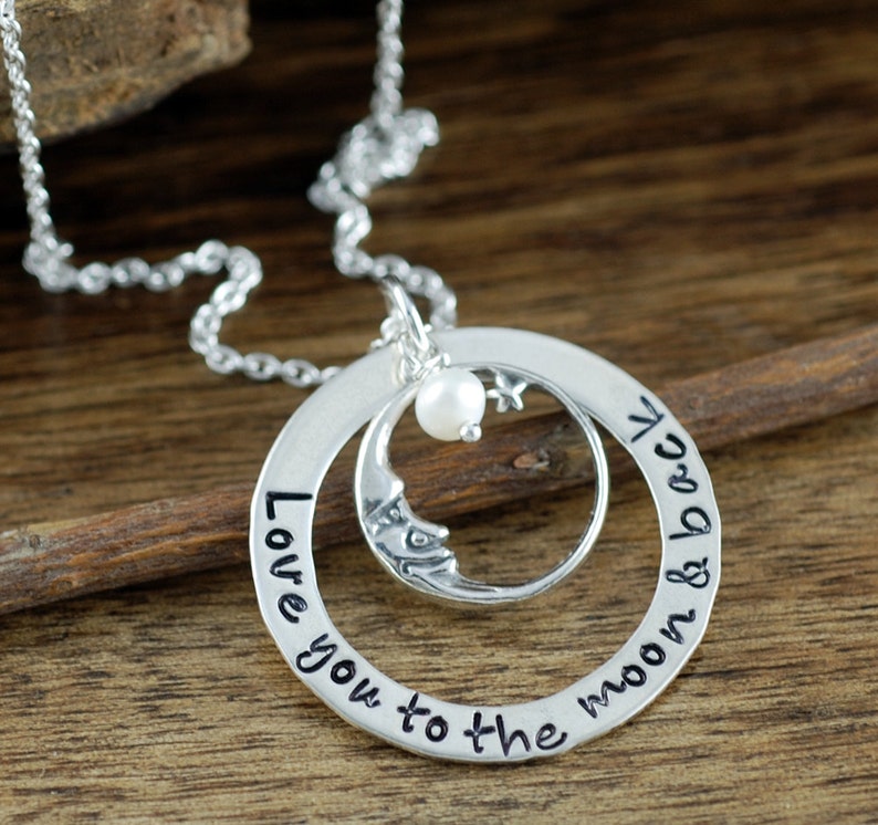 Love you to the Moon and Back Necklace, Personalized Daughter Necklace, Hand Stamped Jewelry, Mommy Necklace, Gift for Mom image 1