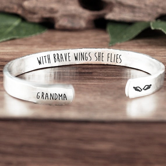 Personalized Memorial Cuff Bracelet, With brave wings she flies Cuff Bracelet, Memorial Gift, Loss of Parent, Loss of Loved One