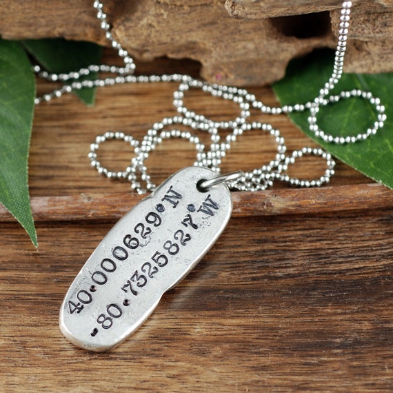 Coordinate Necklace, Pewter Necklace, Longitude Latitude Necklace, Location Necklace, Gps Necklace, Gift for Friend, Anniversary GIft