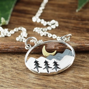 Silver mountain necklace, mountain jewelry, pine tree necklace, hiker necklace, gift for hiker, nature lover jewelry, ski lover gift