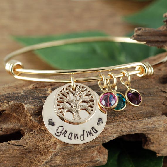 Gold Grandma Family Bracelet, Tree of Life Bracelet, Gold Tree Bracelet, Tree of Life Bangle, Birthstone Bangle Bracelet, GIft for Grandma