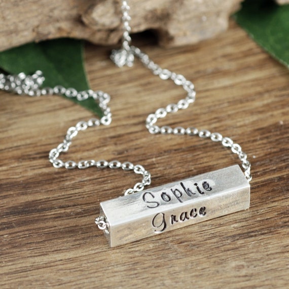 Mother's Bar Necklace, 4 Sided Bar Necklace, Hand Stamped Necklace, Gift for Mom, Mothers Day Gift, Birthstone Necklace, Personalized Bar