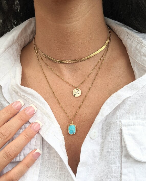 Personalized Initial Necklace, Letter Pendant, Turquoise Necklace, Layering Necklace, Gemstone Necklace, Necklace for Women, Girlfriend Gift