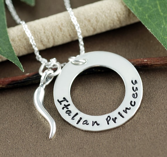 Italian Princess Hand Stamped Necklace, Italian Horn Necklace, Gift for Italian Princess