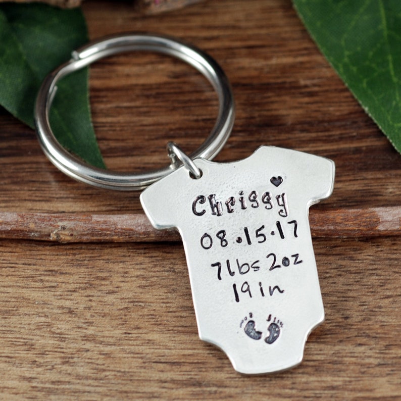 Baby Stats Keychain, New Baby Gift for Mom, Baby Announcement, Baby Statistics, Onesie Keychain, GIft for Dad, Baby Weight, Time, Date image 2