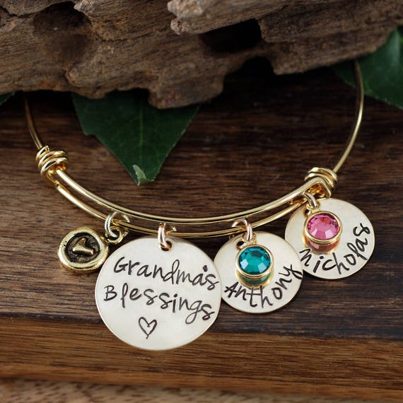 Gold Grandma Bracelet, Grandma's Blessings, Custom Bangle Bracelet, Personalized Gift, Grandmother Charm Bracelet, Personalized Bracelet