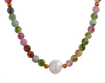 Natural Tourmaline Necklace, Pearl Necklace, Freshwater Pearl, Dainty Necklace, Colorful Gemstone Necklace, October Birthday Gift