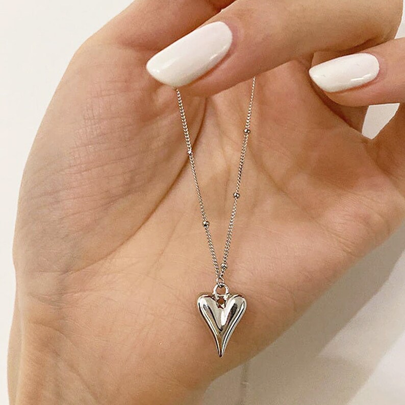 Sterling Silver Puffed Heart Necklace, Heart Necklace, Heart Jewelry, Love Necklace, Anniversary Gift, Elongated Heart, Gift for Girlfriend image 9