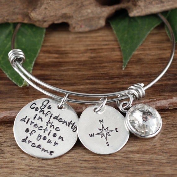 Compass Bangle Bracelet, Graduation Gift, Go confidently In the direction of your dreams, Inspirational Gift, Gift for Graduate