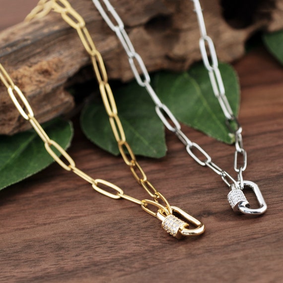 Bujukan Carabiner Lock Necklace with Hollow Paperclip Chain in 14k
