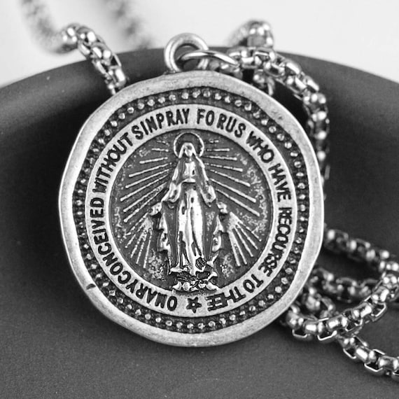 Men's Virgin Mary Necklace, Mary Magdelan Necklace, Religious Men's Jewelry, Necklace for Men, Mens Gifts, Protect Us Necklace