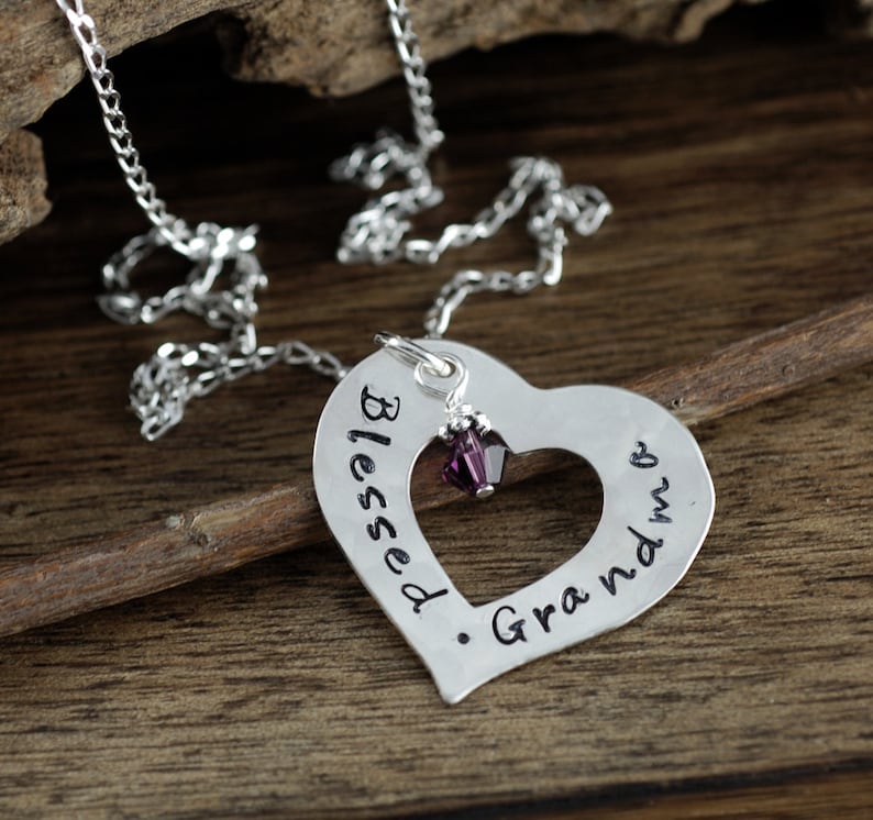 Grandmother Necklace Gift for Grandma Grandma Jewelry Hand Stamped Jewelry Blessed Grandma Personalized Silver Heart Necklace