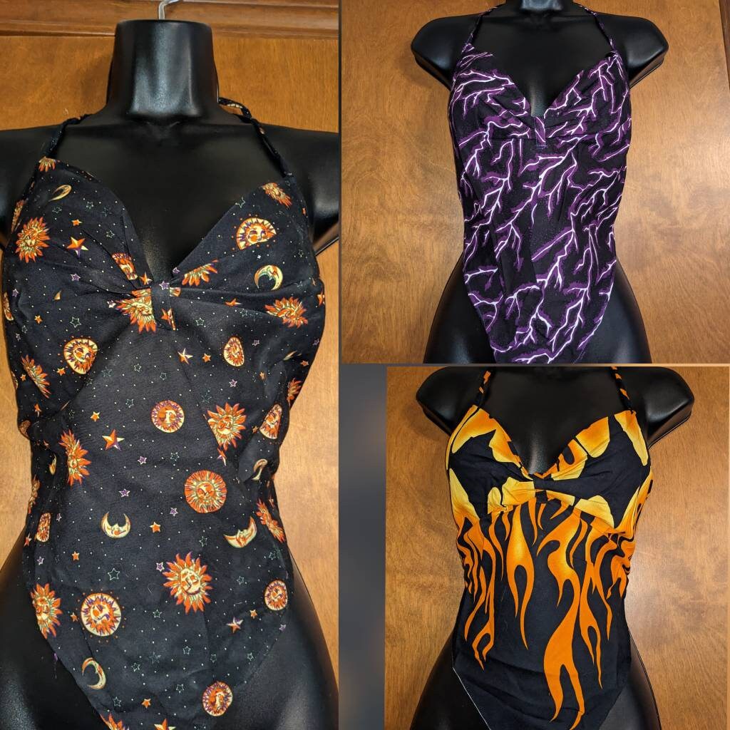Vintage 90s bandana Top, 3 styles, sun moon celestial print, flames, lightning, 2 sizes