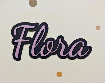 Op de afbeelding: Een witte muur met de naam "Flora" geschreven in zwarte letters met een roze omtrek. De muur is versierd met kleine, ronde, beige stippen.