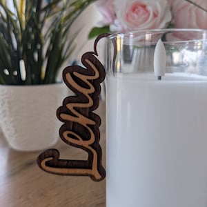 Cartões de lugar para o vidro, cartões de nome, letras de madeira, decoração de mesa, decoração de mesa, personalizado, casamento, celebração, aniversário