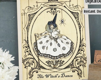 Vintage Witch's Dance Halloween Print, Black and White Ephemera (Digital Download)