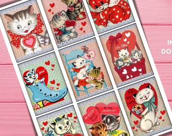 Vintage Kitten Valentine Cards, 1950s Retro Ephemera (Digital Collage)