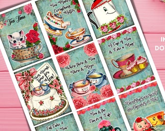 Vintage Kitten Tea Party Valentine Tags, Scrapbook Ephemera (Digital Download)