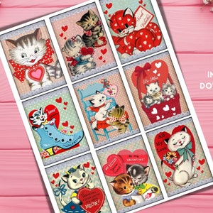 vintage Saint-Valentin pour enfants, cartes, étiquettes, éphémères, chatons, collage numérique, journal indésirable, scrapbooking, coeurs, rétro des années 1950, chat