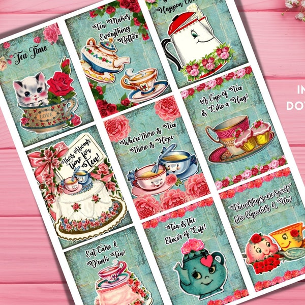 Vintage Valentine Tags for Kids, Kittens, Retro 1950s, Tea Party, junk journal, scrapbooking, teapot, cake, roses, ephemera, Valentine Decor