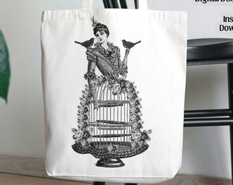 Printable Steampunk Lady with Birdcage, Ephemera Image (PNG, JPEG)