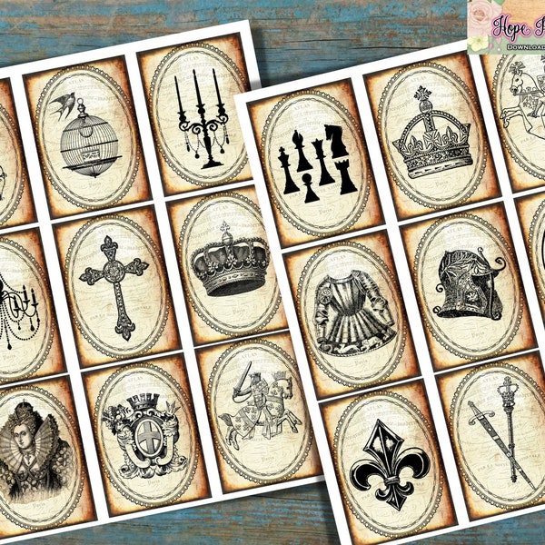 Medieval Cards, Knights, Dungeons Dragons, Queens, Crowns, Ephemera, Junk Journal, Scrapbooking, Renaissance, Middle Ages, Fantasy, Chess,