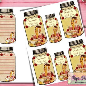 Retro Mason Jar Tags and Recipe Cards, Handmade With Love, Food Labels, Canning, Primitive Farmhouse, Food Gift, Scrapbooking, Gift Tags