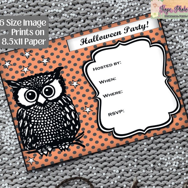 Printable Retro Halloween Invitation, 70s Owl, 6x4 Postcard, tags, scrapbooking, DIY, Fill in the Blank, Party Supplies, junk journal, Kids