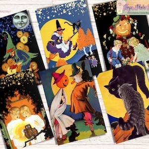 Halloween-Kartenanhänger, Vintage, Sternennacht, Junk Journal, Scrapbooking, Hexendekor, Ephemera, Süßes oder Saures, schwarze Katze, Goodie Bags