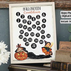calendrier de l'avent Halloween vintage, compte à rebours, victorien, citrouilles, décor de sorcière, éphémères, journal indésirable, étiquettes, cartes, gothique, scrapbooking