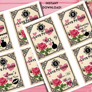 Cartes de Saint-Valentin imprimables, étiquettes de potion d’amour, apothicaire, sorts d’amour, tags, scrapbooking, journal indésirable, sorts, sorcière gitane, roses minables