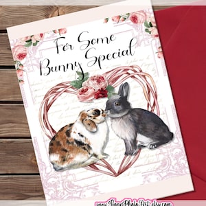 Biglietto d'auguri di coniglietti che si baciano, biglietto di San Valentino, coniglio, cuori, cottage rose, effimeri francesi, shabby chic, scrapbooking, diario spazzatura