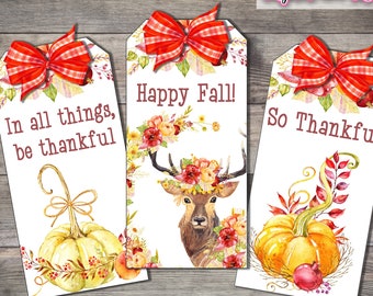 Autumn Floral Tags, Pumpkins, Thanksgiving, Farmhouse, Fall Tags, Scrapbooking, Junk Journal, Deer, Rabbit, Fall Leaves, Watercolor