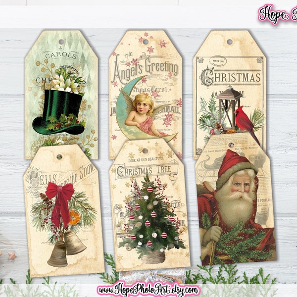 Santa Christmas Tags, Old World, Vintage Ephemera, gift tags, Scrapbook, junk journal, Angel, Bells, Poinsettia, Cardinal, Printable