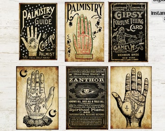 Vintage Palmistry Cards, Divination, Halloween Tags, Gypsy, Fortune Telling, Junk Journal, Scrapbooking, Ephemera, Gothic, Witch Decor