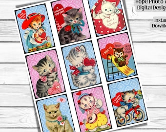 Vintage Valentine Kitty's, Retro,  for Kids, Cards, Tags, Ephemera, Kittens, junk journal, scrapbooking, hearts, 1950s, Cat, Printable