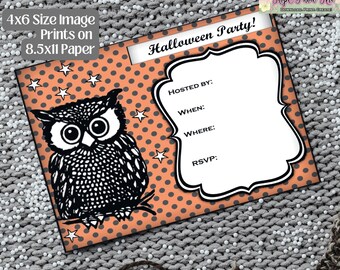 Printable Retro Halloween Invitation, 70s Owl, 6x4 Postcard, tags, scrapbooking, DIY, Fill in the Blank, Party Supplies, junk journal, Kids