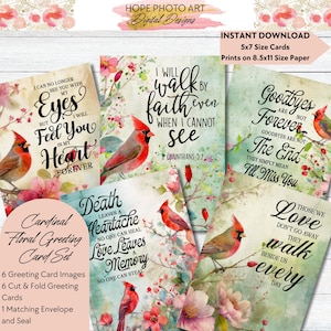 Watercolor Cardinal Bird Floral Sympathy Greeting Cards, Set of 6, Stationary, Aesthetic, Junk Journal, Scrapbooking, Notecards, Printable